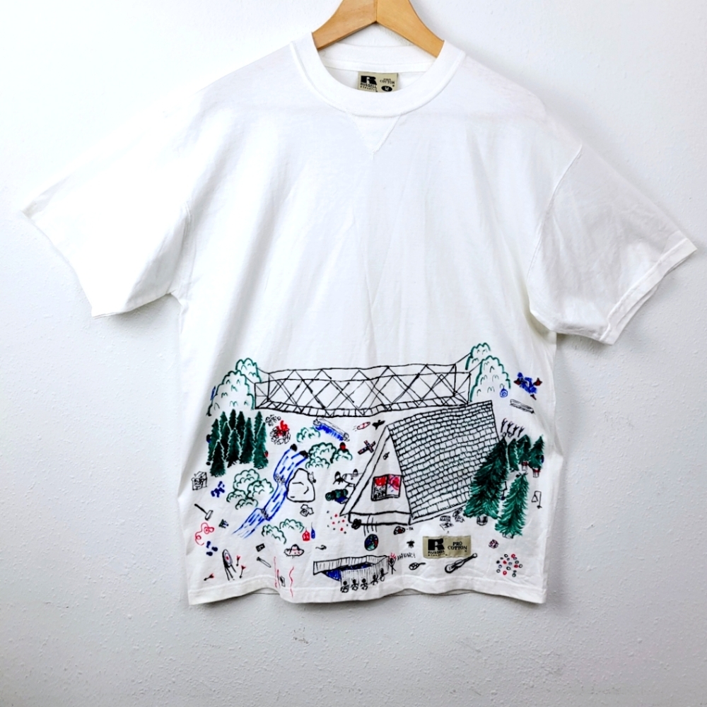 Vtg Russel Pro Cotton Men's Medium T-Shirt~Artisan Drawn~Summer Camp~Outdoors